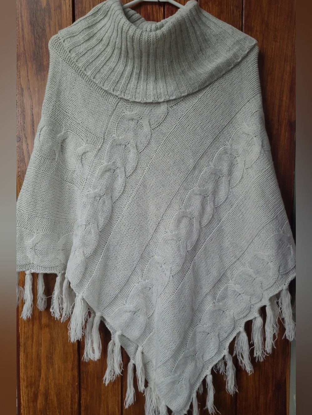 Cable-Knit Cowlneck Poncho in Light Gray